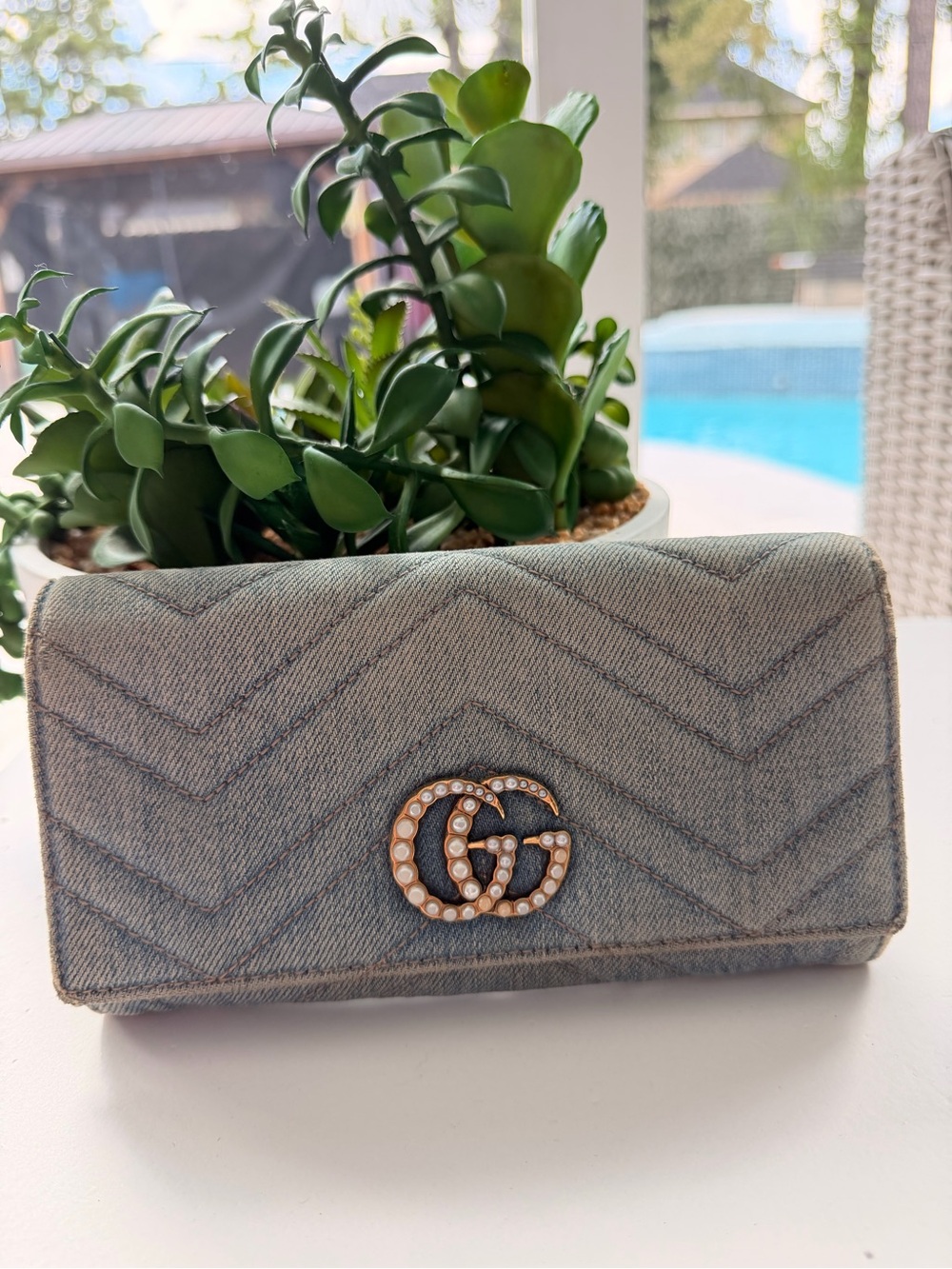 Gucci Light Blue Denim Wallet with Pearl-Embellished GG